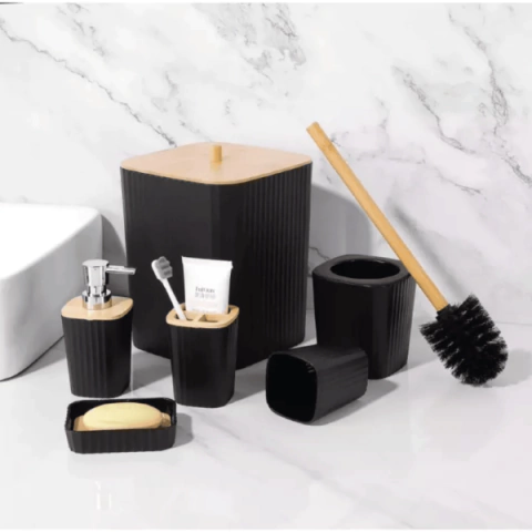 Set Baño Bambú Plásticox6 Completo Cest Escobilla Dispenser Negro - comprar online