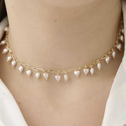 Chocker em Pérola de Coração no Banho de Ouro 18k