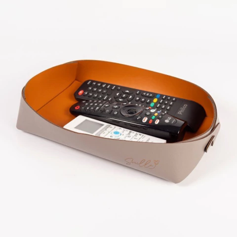 Bandeja Retangular Cinza / Ocre Dupla Face Impermeável Couro Ecológico Premium