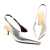 Slingback de couro prata com salto baixo Cecconello 2629002-4, ideal para festas e casamentos.
