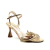 Elegância e brilho marcante com sandália couro ouro Cecconello. Salto médio escultural, aplicação floral exclusiva e ajuste seguro. Garanta seu look sofisticado!