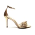 Sandália couro ouro com salto alto Cecconello, detalhe floral 3D, ajuste seguro e acabamento metalizado. Compre e realce seu look em ocasiões especiais!