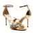 Sandália couro ouro com salto alto Cecconello, detalhe floral 3D, ajuste seguro e acabamento metalizado. Compre e realce seu look em ocasiões especiais!