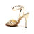 Sandália couro ouro light com salto alto, brilho e design sofisticado. Ideal para festas e ocasiões especiais. Aposte em glamour, compre já!