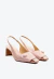 Slingback couro rosa, salto bloco baixo, conforto e estilo retrô. Ideal para looks sofisticados. Garanta já seu visual elegante e moderno!