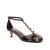 Sandália em couro preto com salto baixo, T-Strap e detalhes metálicos dourados. Elegância e conforto para festas e eventos. Garanta já a sua!