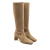 Bota feminina de couro nude, cano longo, salto bloco baixo, design minimalista e moderno. Conforto e elegância para looks sofisticados. Garanta já a sua!