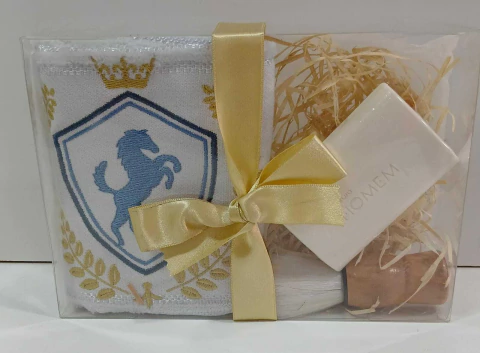 Presente Toalha de Lavabo Bordada - Sabonete e Pincel de Barbear