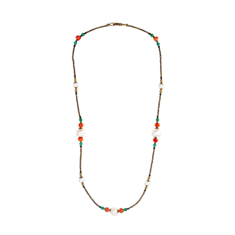 Colar com Pérolas Irregulares, Contas Verdes e Laranja - comprar online