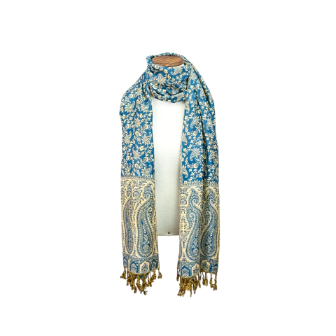 Pashmina Indiana com Estampa Paisley - Azul e Amarelo