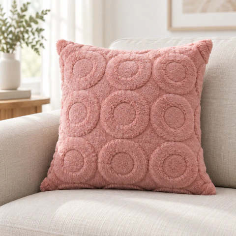 Funda de Almohadón Rosa 45x45 con Relieve de Círculos | Suave, Decorativa y Fácil de Lavar