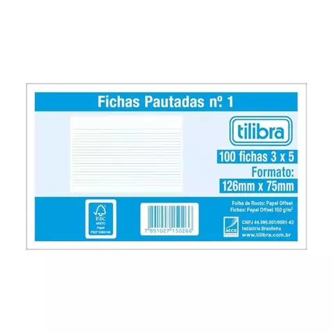 Ficha Pautada N°1 3X5 Tilibra C/100 Folhas - comprar online