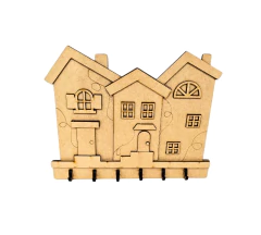 Porta chaves MDF cru casinhas 31x25cm com 6 ganchos