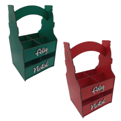 Cesta MDF Porta 4 Cervejas Long Neck Feliz Natal 27x14x16cm