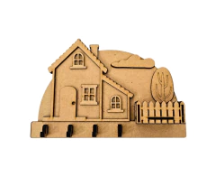 Porta chaves MDF cru casinha com cerca 26x17x5cm 4 ganchos