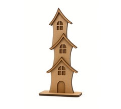 Torre decorativa de MDF cru com três casinhas empilhadas, estilo Vila Encantada, medindo 10x22cm