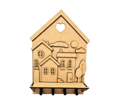 Porta chaves MDF cru casinhas 15,5x21,5x4,5cm com prateleira e 4 ganchos