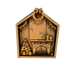 Cenário Natalino MDF cru lareira 3D 15x12cm 7 camadas