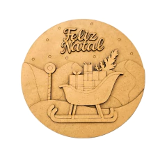 Placa redonda decorativa Natal MDF cru trenó 25cm