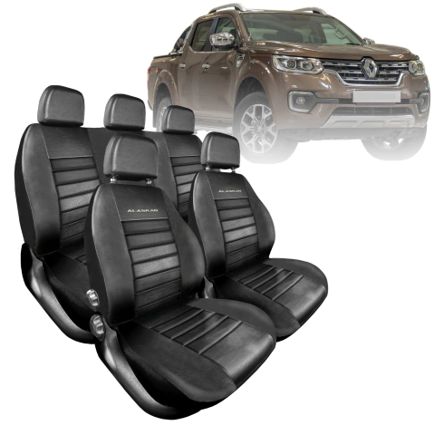 Funda Cubre Asientos medida Renault Alaskan Asiento y Respaldo Enterizo
Bastonné a medida TEAM negro con logo bordado 
Modelo patentado acolchado e impermeable
