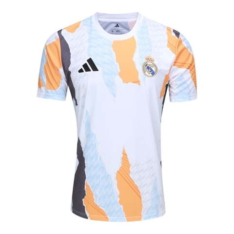 Camisa Real de Madrid Pré-jogo 25/26 - Torcedor Adidas Masculina - Branca com detalhes em laranja e preto e azul