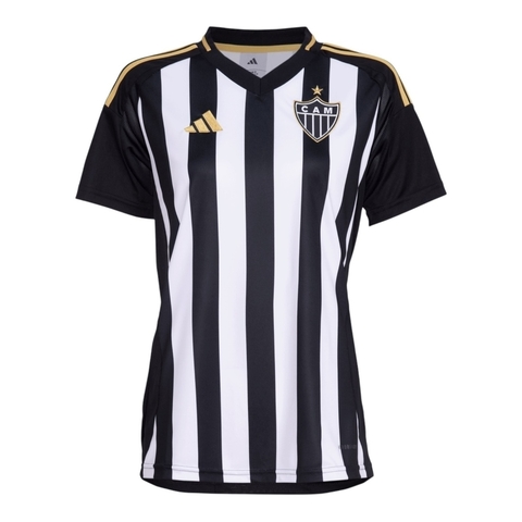 Camisa Atlético Mineiro I 25/26 - Torcedor Adidas Feminina - Preta com listras branca com detalhes em amarelo