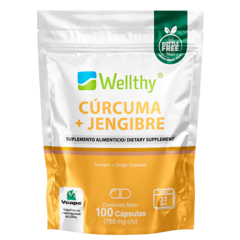 Wellthy Cúrcuma y Jengibre 100 Cápsulas. Cúrcuma 750mg, Jengibre 750mg, - comprar en línea