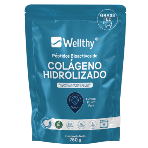 Envase de Colágeno Hidrolizado Puro de Wellthy, 750g, con información sobre péptidos bioactivos y sin azúcar.