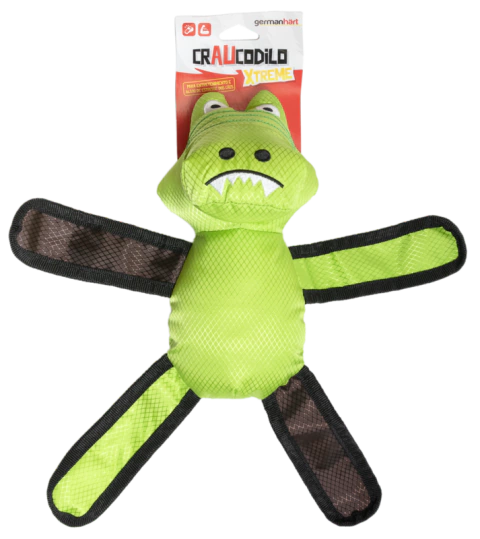 Brinquedo Pelúcia Jacaré chamado Craucodilo em sua embalagem vermelha com detalhes em cor branca e amarela.