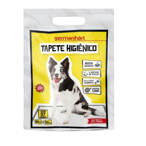 Produto Tapete Higiênico da Germanhart em sua embalagem de cor branca com detalhes em amarelo e preto