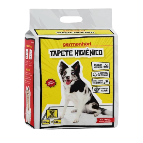 Embalagem de tapete higiênico para cães Germanhart com 30 unidades tamanho 60x80 cm, com imagem de cachorro preto e branco