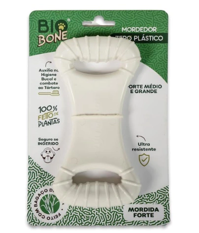 Mastigável natural Ossão de tamanho Grande feito com a Cana de Açúcar em sua embalagem branca com detalhes em cores verde claro e verde.