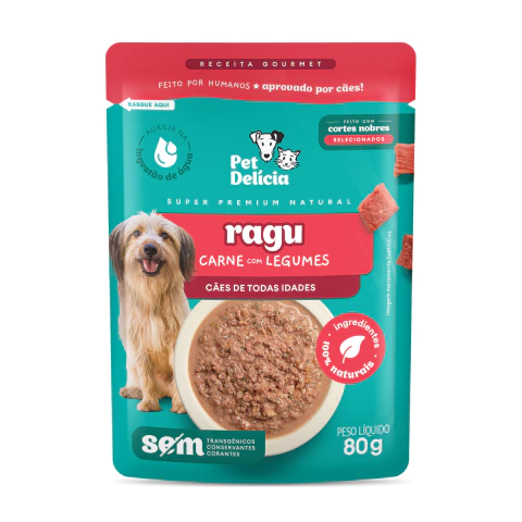 Sachê Natural Pet Delícia Ragu de Carne com Legumes para Cães de 80g de embalagem verde com detalhes em vermelho