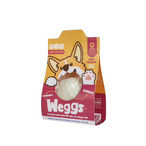 Embalagem de Petisco WOW Weggs Sabor Frango com Alecrim 1un, caixa de cor vermelho escuro com amarelo escuro, bolinha comestível para cães no centro da embalagem.
