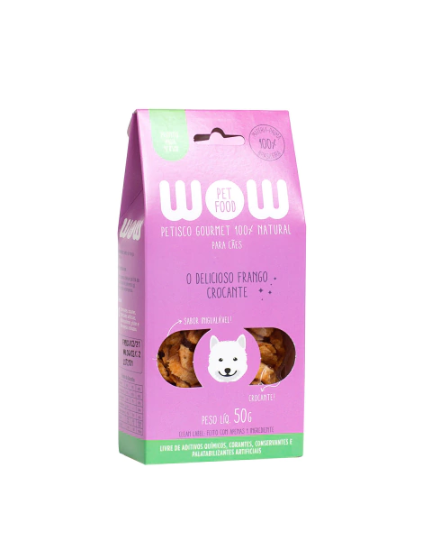 Embalagem de petisco desidratado WOW Delicioso Frango Crocante para cães, 50g, rosa com detalhes verdes