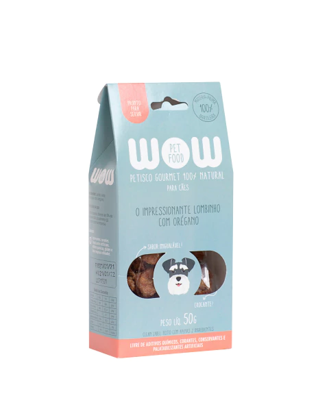 Petisco Desidratado WOW Impressionante Lombinho com Orégano 50g em sua embalagem de cor azul claro