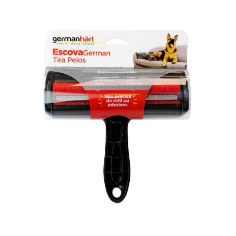 Escova Tira Pelos Germanhart Preta em sua embalagem branca com detalhes em vermelho