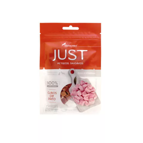 Petisco da marca Just em formato de cubos de sabor pato de 55 gramas em sua embalagem branca com detalhes em vermelho.