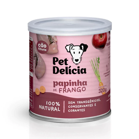 Produto Ração Úmida Natural para Filhote Pet Delícia sabor Papinha de Frango de 320g.