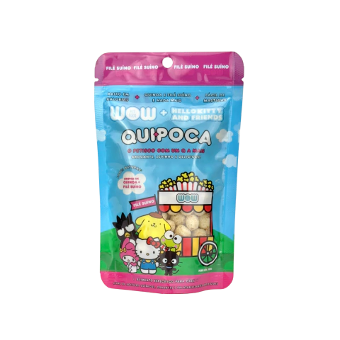Produto Petisco WOW Quipoca de Lombinho para Cães em sua embalagem transparente com detalhes em azul, verde e roxo