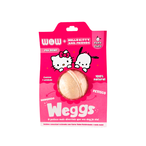 Petisco e brinquedo Petisco WOW Weggs Sabor Lombinho em sua embalagem de cor rosa