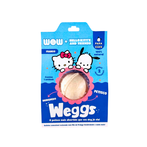 Petisco e brinquedo Petisco WOW Weggs Sabor Frango em sua embalagem de cores azul claro e azul escuro.