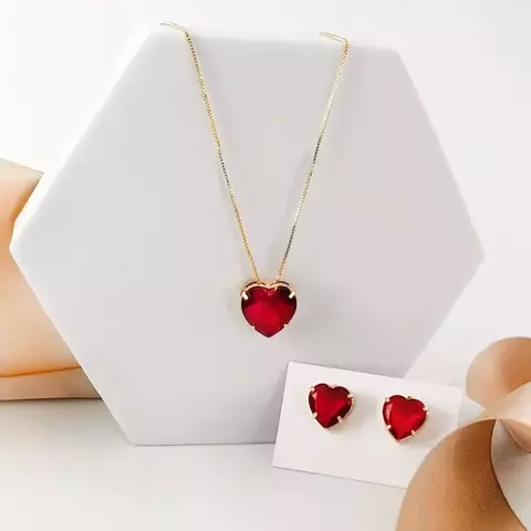 Conjunto Coração, com corrente Veneziana, Pingente e Brincos de Zircônia - Folheado a Ouro 18k