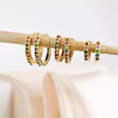 Trio de Brincos Argolas, Cravejados de Zircônias Coloridas - Folheado a Ouro 18k