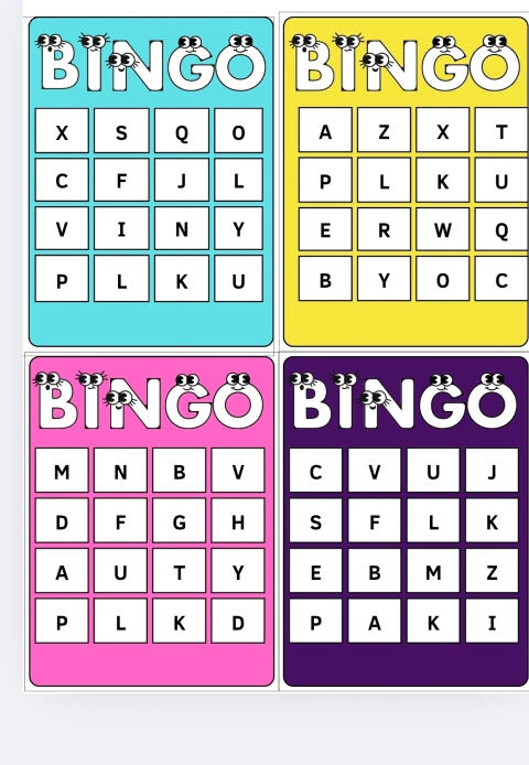 30 Cartelas de Bingo de Letras plastificadas. Acompanha as 26 letras do alfabeto plastificadas para sortear. - comprar online
