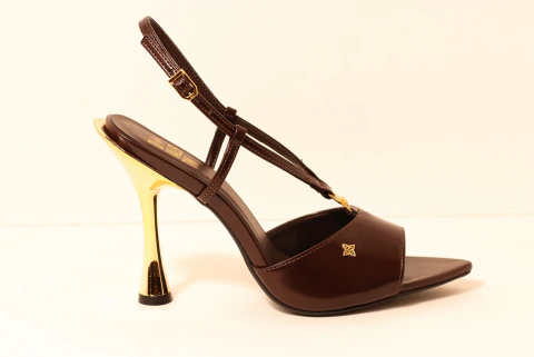 Sandália Salto Fino Bico Folha Chocolate
