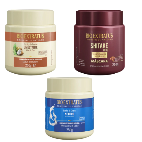 kit cronograma capilar bio extratus, cronograma capilar completo, máscara umectante bio extratus, máscara shitake bio extratus, máscara neutra bio extratus, bio extratus cronograma 250ml, tratamento capilar bio extratus, nutrição hidratação reconstrução c