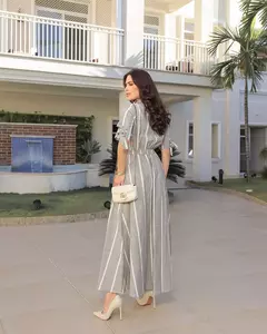 Vestido camisa Max listras verde tecnológicas com elástico na cintura e laço nas mangas - Flaviane Fashion Store