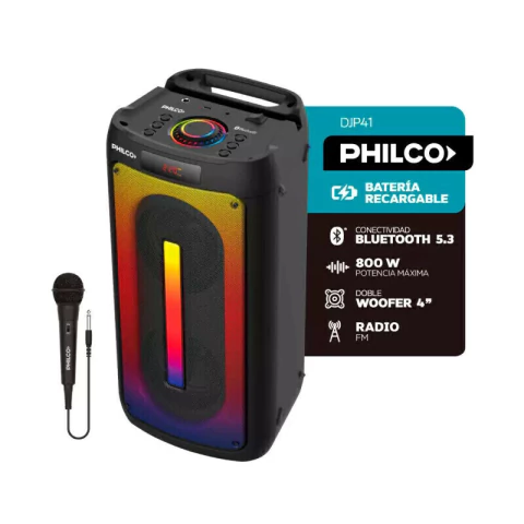 PHILCO PARLANTE PORTATIL DJP41 BLUETOOTH USB LUCES LED - comprar online