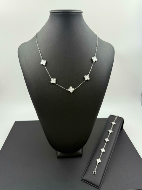Conjunto Trevo Branca e Prata (Colar 5 Trevos + Pulseira) - comprar online